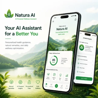 Natura AI wellness app interface showing personalized health dashboard with AI insights, wellness score, and natural health recommendations